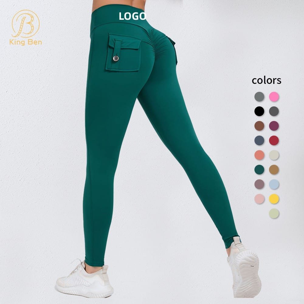 Cargo pocket high-waist fitness leggings with buttons