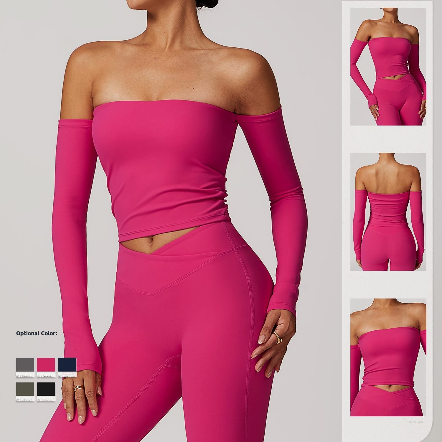 Fashion-forward off-shoulder yoga top — niche products big brands are too slow to make